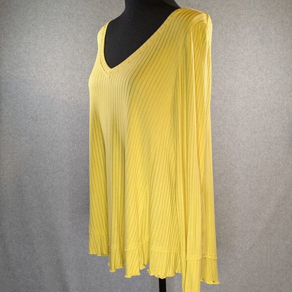 Jane & Delancey Yellow Ribbed V Neck Lettuce Hem Flowy Top Women M Casual - Picture 4 of 14